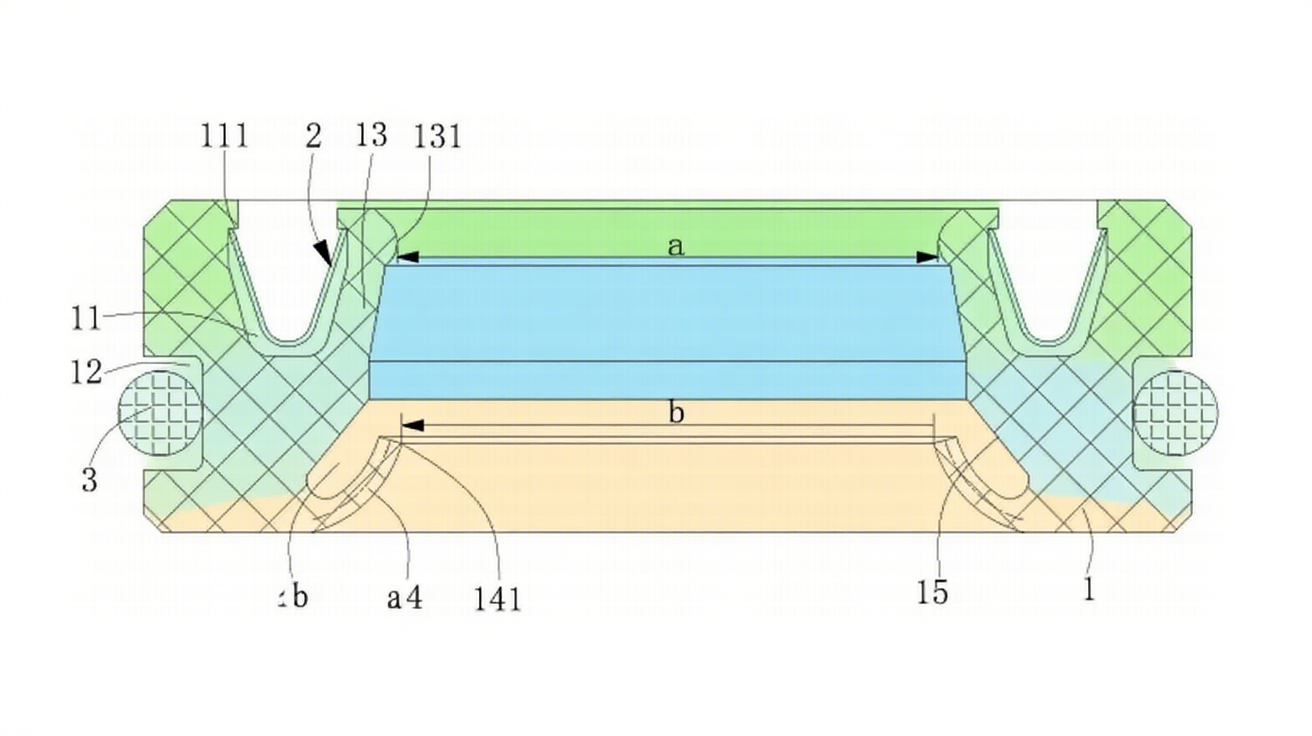 设计飞行器油泵海报1图1(剖视图):展示油封本体、V型弹簧、O型圈的轴向分布,主唇口(131)与副唇口(141)的梯度位置关系。 设计飞行器油泵海报1图1(剖视图):展示油封本体、V型弹簧、O型圈的轴向分布,主唇口(131)与副唇口(141)的梯度位置关系。